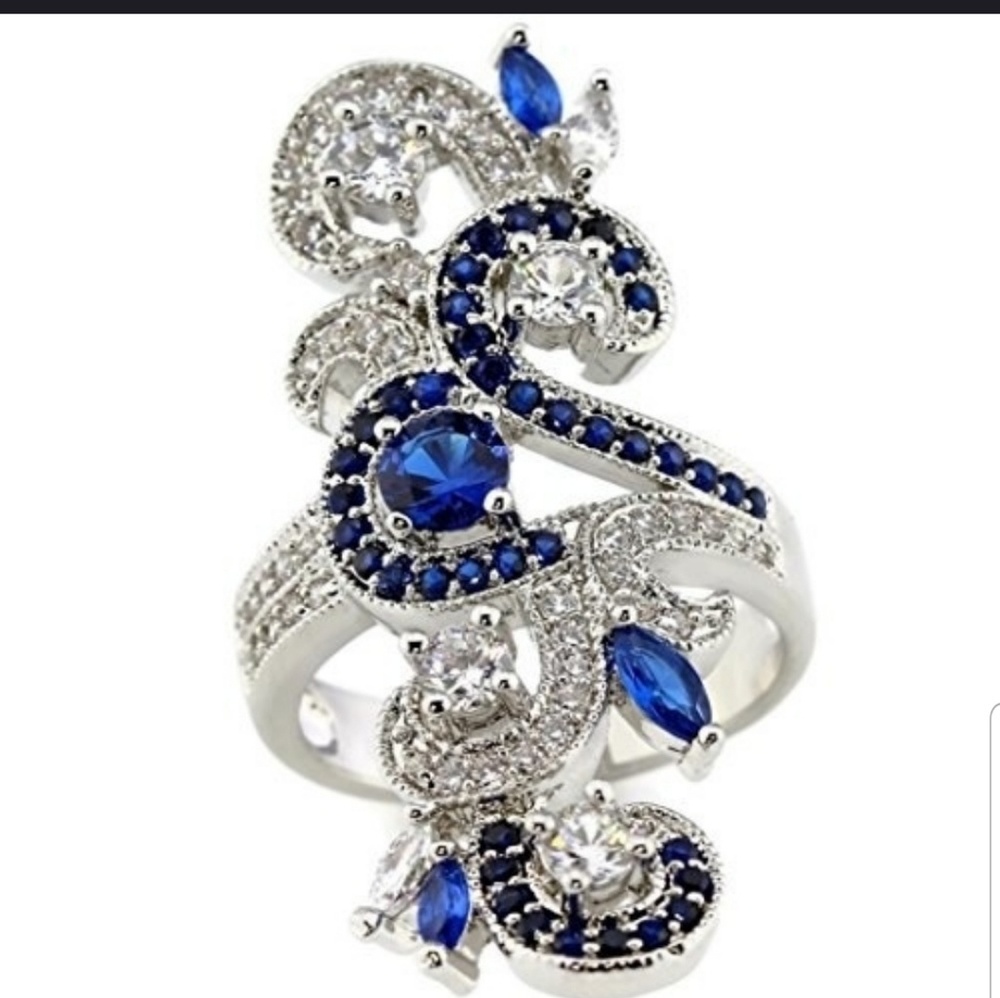 💙WoW Huge Silver & Sapphire Long Swirl Ring sz 8